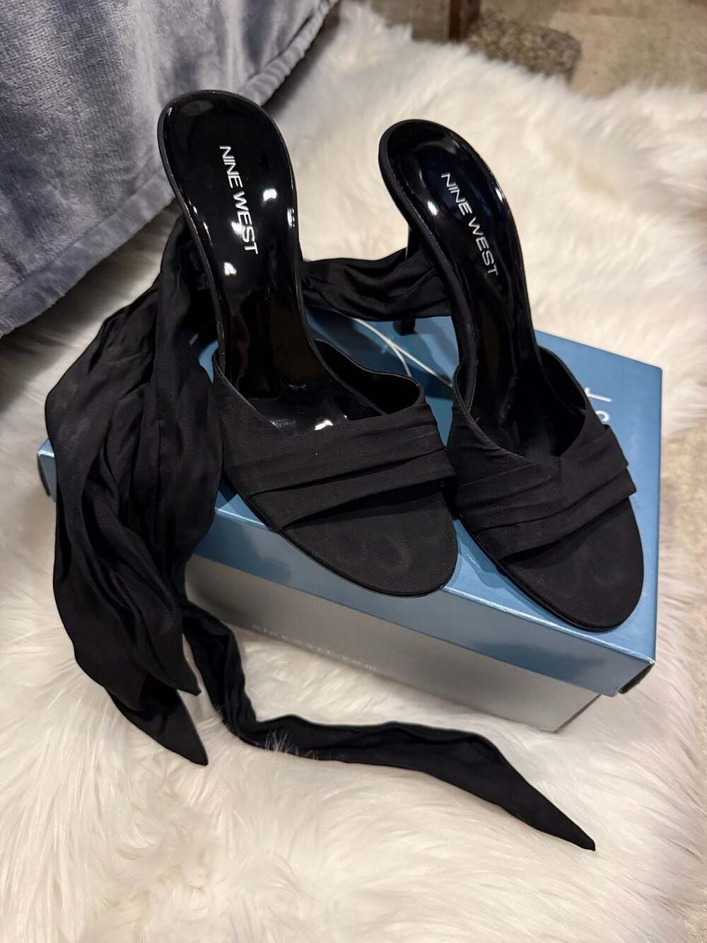 Nine West Black Satin Tie-Up Stiletto Heeled Sandals